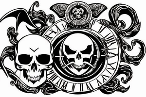 A scythe with a skull on top has the inscription tempus fugut, memento mori tattoo idea