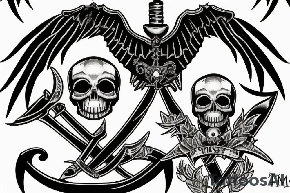A scythe with a skull on top has the inscription tempus fugut, memento mori tattoo idea