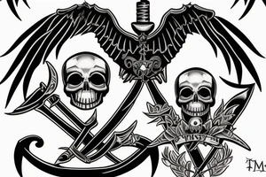 A scythe with a skull on top has the inscription tempus fugut, memento mori tattoo idea