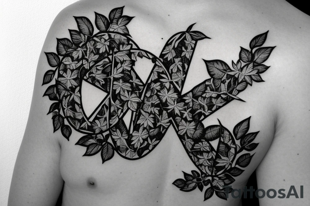 peace symbol covered in vines of Ivy. tattoo idea