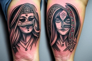 american traditional gypsy girl
 with mf doom mask tattoo idea