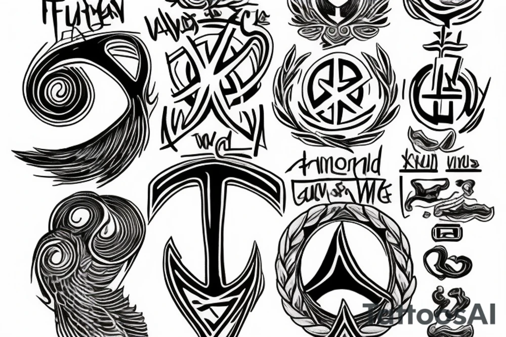 Nurse runes in a line with meanings of war, goddess and focused tattoo idea