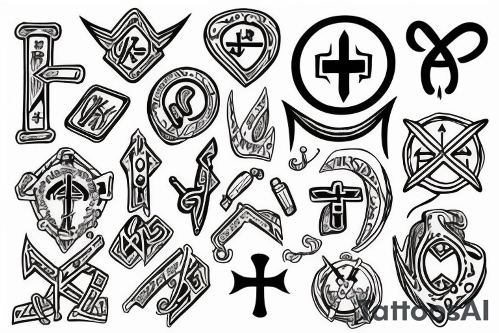 Nurse runes in a line with meanings of war, goddess and focused tattoo idea