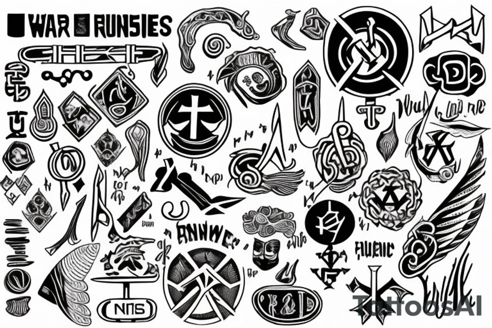 Nurse runes in a line with meanings of war, goddess and focused tattoo idea