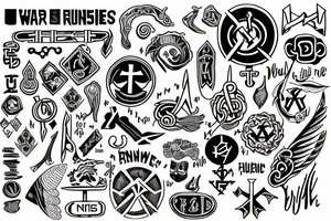 Nurse runes in a line with meanings of war, goddess and focused tattoo idea