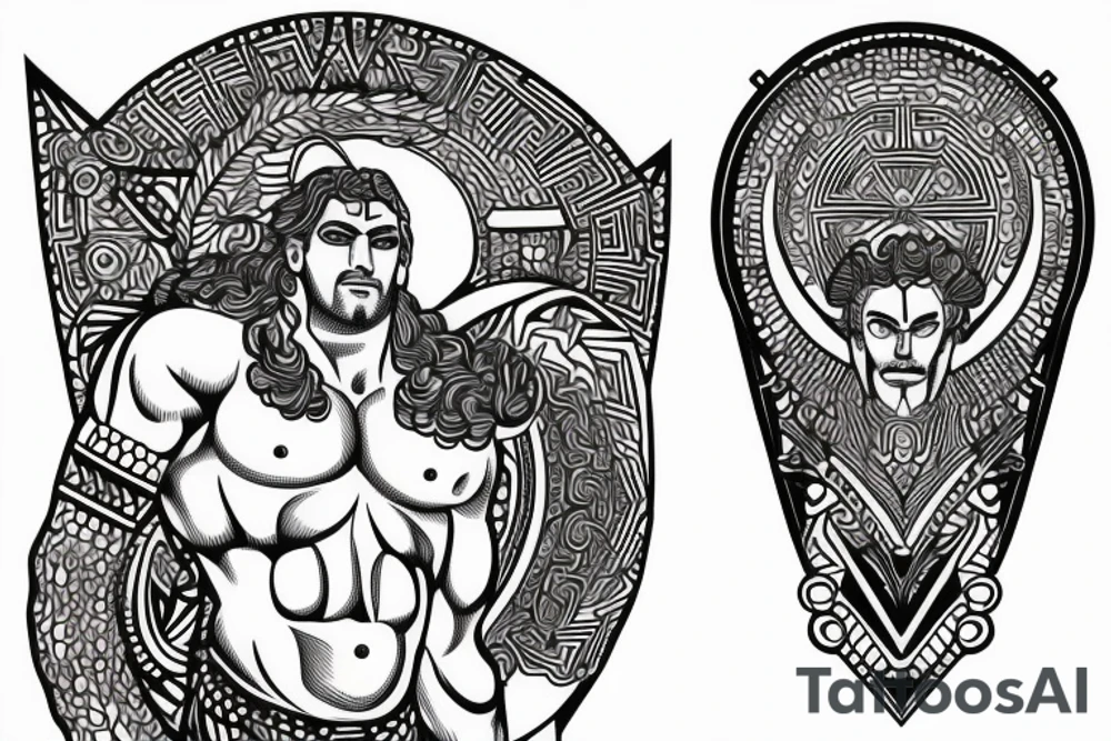 Greek hercules full body with a geometric background tattoo idea