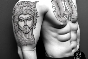 Greek hercules full body with a geometric background tattoo idea