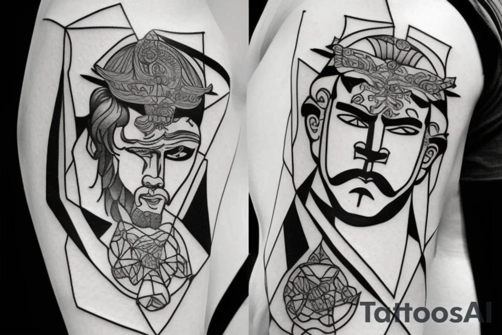 Greek hercules full body with a geometric background tattoo idea