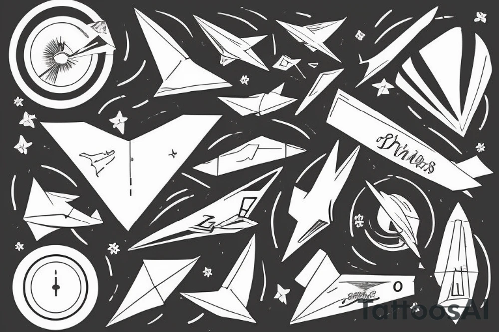 Paper plane flying with a wind trail that spells out JJ tattoo idea