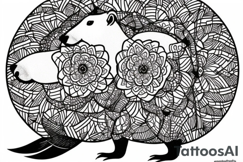 capybara in the water with a bird on its head. The capybara should only have the outline shown tattoo idea