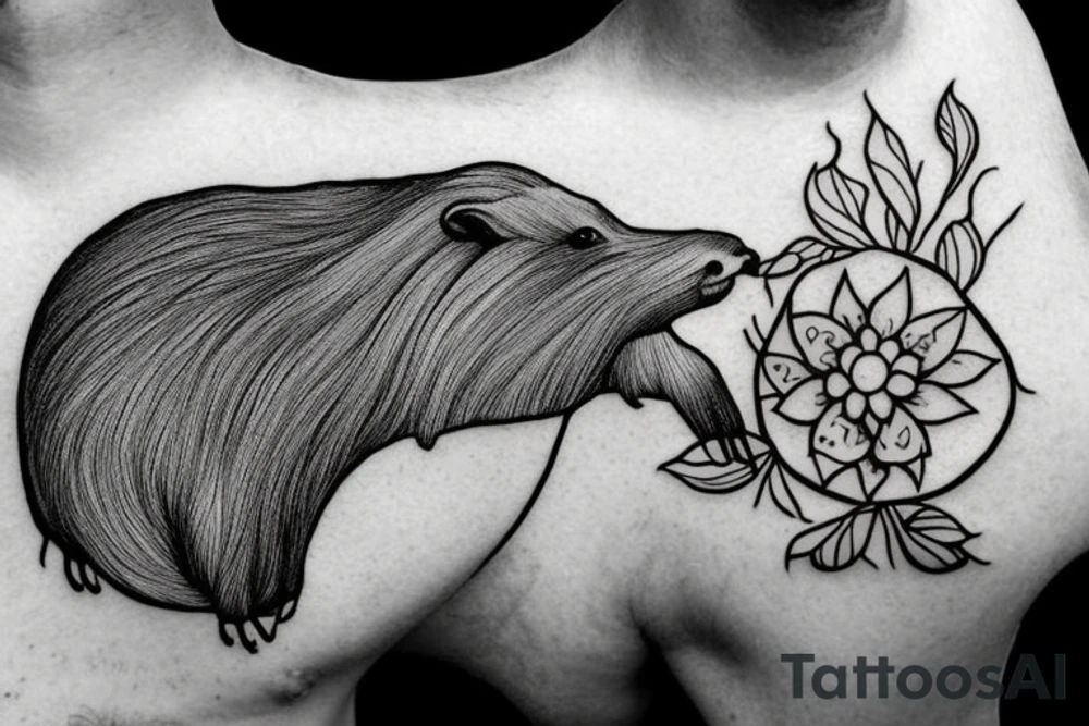 capybara in the water with a bird on its head. The capybara should only have the outline shown tattoo idea