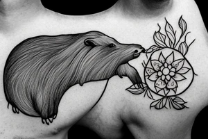 capybara in the water with a bird on its head. The capybara should only have the outline shown tattoo idea