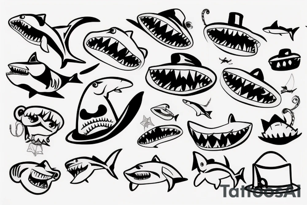 hungry looking shark with top hat and hoop earing tattoo idea