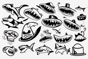 hungry looking shark with top hat and hoop earing tattoo idea