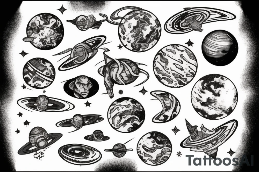 Galaxy Slayer Zed with planets tattoo idea