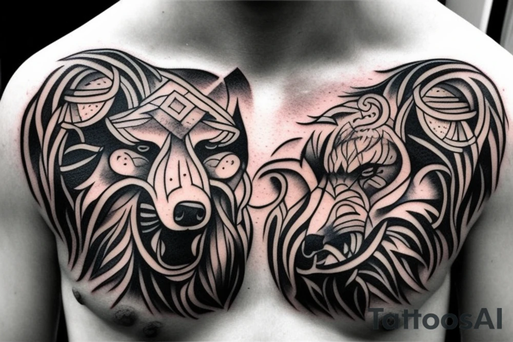 Black and grey wolf viking left chest tattoo idea
