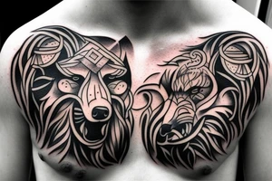 Black and grey wolf viking left chest tattoo idea