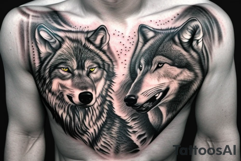Black and grey wolf viking left chest tattoo idea