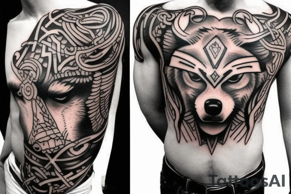 wolf viking left chest tattoo idea
