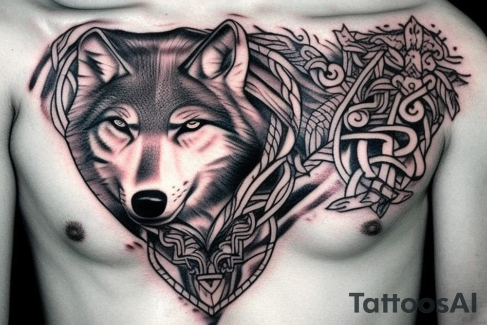 wolf viking left chest tattoo idea