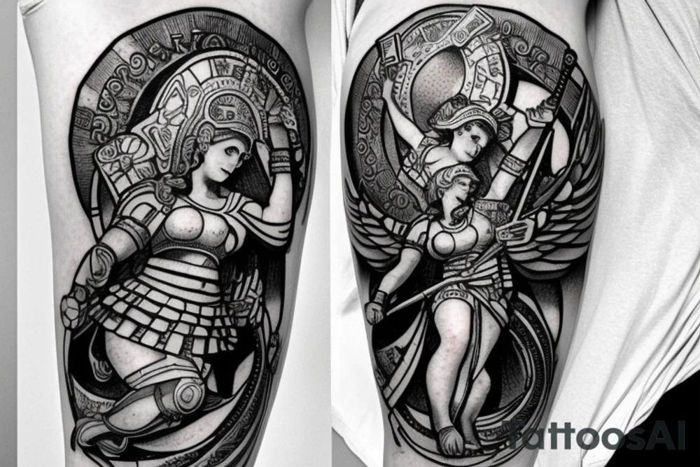 Greek goddess Athena in warrior suit jumping with weapon to break a Kneeling god Atlas. The God Atlas is holding the world. fibonacci sequence is present and so is the universe. tattoo idea