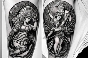 Greek goddess Athena in warrior suit jumping with weapon to break a Kneeling god Atlas. The God Atlas is holding the world. fibonacci sequence is present and so is the universe. tattoo idea