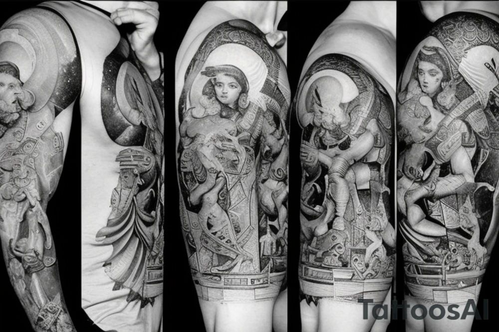 Greek goddess Athena in warrior suit jumping with weapon to break a Kneeling god Atlas. The God Atlas is holding the world. fibonacci sequence is present and so is the universe. tattoo idea