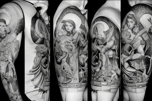 Greek goddess Athena in warrior suit jumping with weapon to break a Kneeling god Atlas. The God Atlas is holding the world. fibonacci sequence is present and so is the universe. tattoo idea