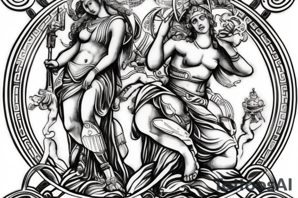 Greek goddess Athena in warrior suit jumping fighting the Kneeling god Atlas. The God Atlas is holding the world. fibonacci sequence is present and so is the universe. tattoo idea