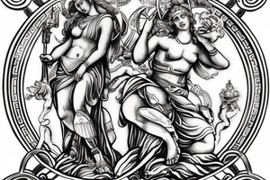 Greek goddess Athena in warrior suit jumping fighting the Kneeling god Atlas. The God Atlas is holding the world. fibonacci sequence is present and so is the universe. tattoo idea