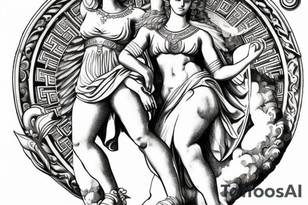 Greek goddess Athena in warrior suit jumping fighting the Kneeling god Atlas. The God Atlas is holding the world. fibonacci sequence is present and so is the universe. tattoo idea