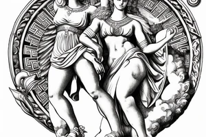 Greek goddess Athena in warrior suit jumping fighting the Kneeling god Atlas. The God Atlas is holding the world. fibonacci sequence is present and so is the universe. tattoo idea