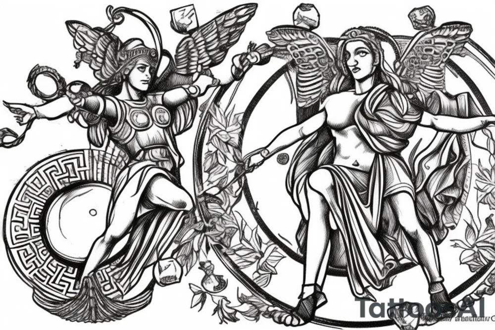 Greek goddess Athena in warrior suit jumping fighting the Kneeling God Atlas. The God Atlas is holding the world. fibonacci sequence is present and so is the universe. tattoo idea