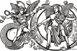 Greek goddess Athena in warrior suit jumping fighting the Kneeling God Atlas. The God Atlas is holding the world. fibonacci sequence is present and so is the universe. tattoo idea