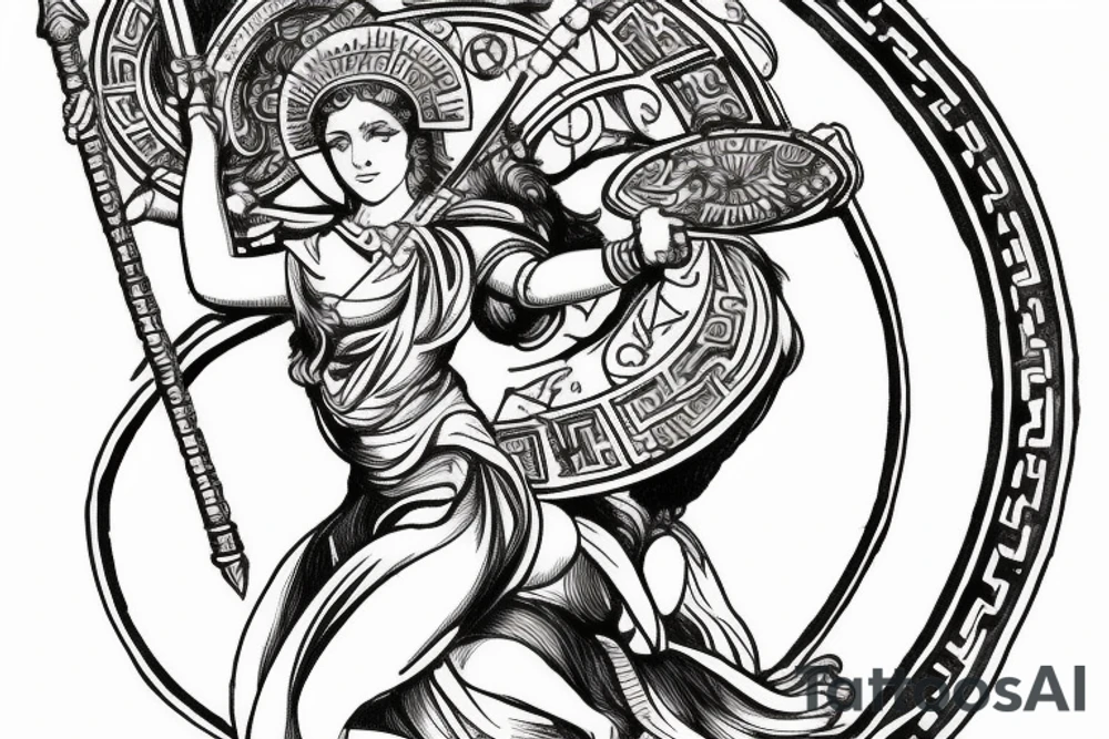 Greek goddess Athena in warrior suit jumping fighting the Kneeling God Atlas. The God Atlas is holding the world. fibonacci sequence is present and so is the universe. tattoo idea