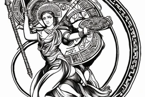 Greek goddess Athena in warrior suit jumping fighting the Kneeling God Atlas. The God Atlas is holding the world. fibonacci sequence is present and so is the universe. tattoo idea