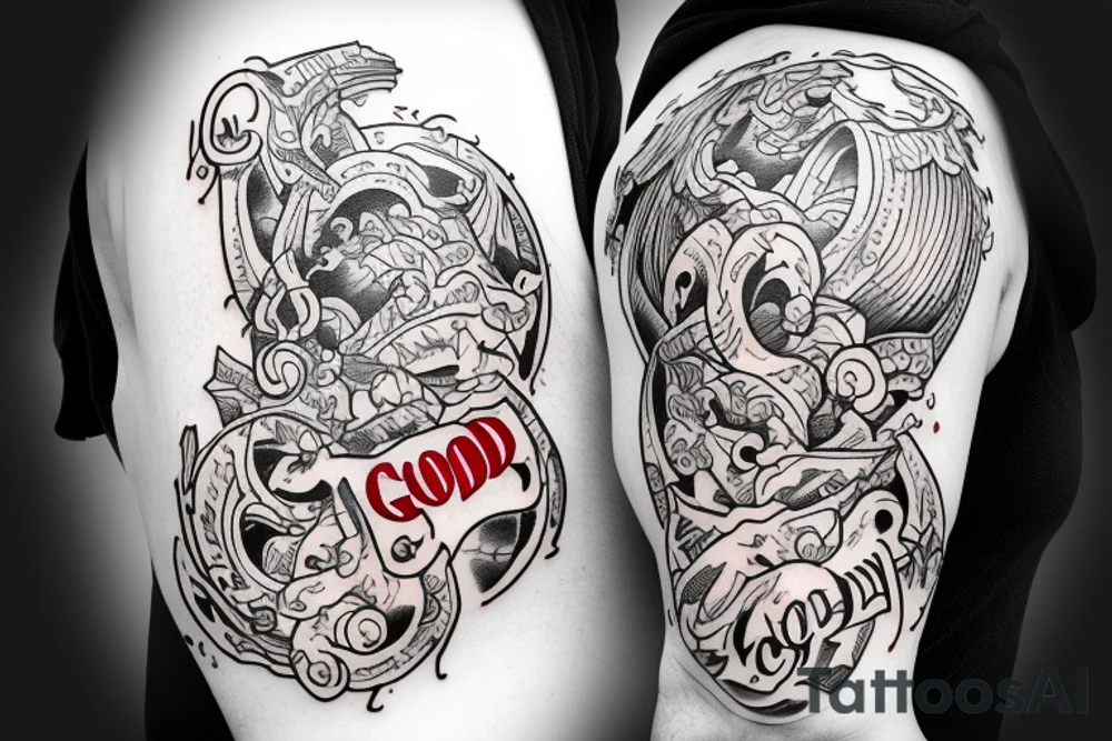 Bicep tattoo that says Good Over Evil, splashes of red ink tattoo idea