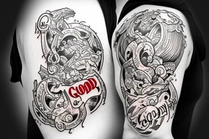 Bicep tattoo that says Good Over Evil, splashes of red ink tattoo idea