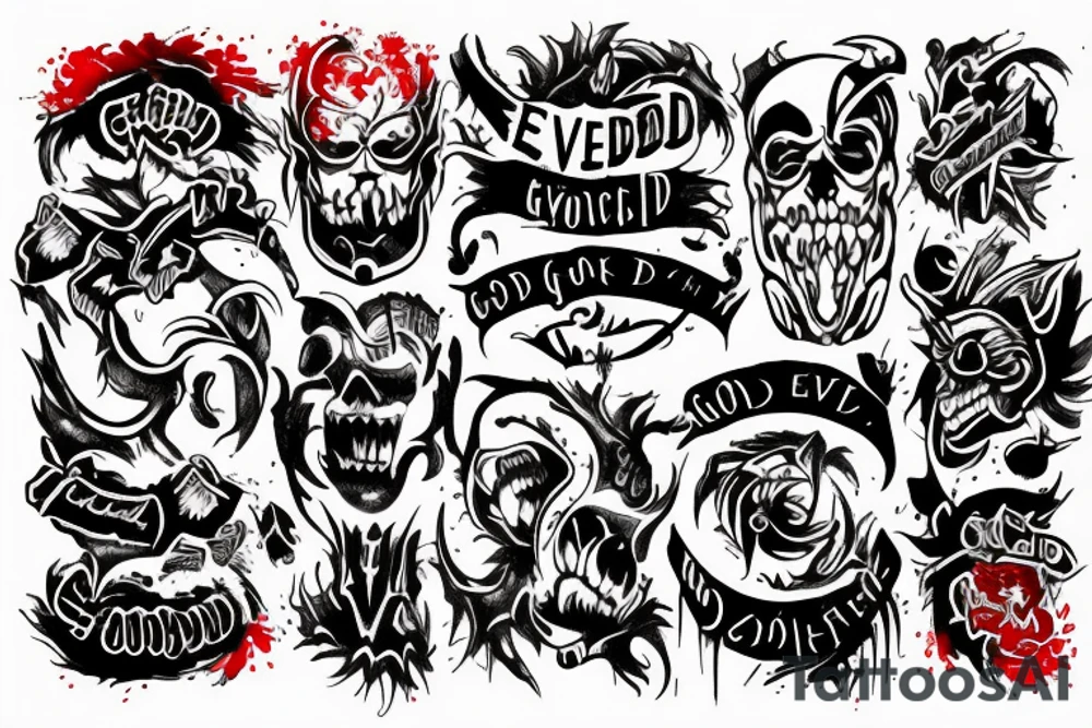 inner Bicep tattoo that says Good Over Evil, splashes of red ink tattoo idea