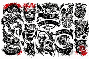 inner Bicep tattoo that says Good Over Evil, splashes of red ink tattoo idea