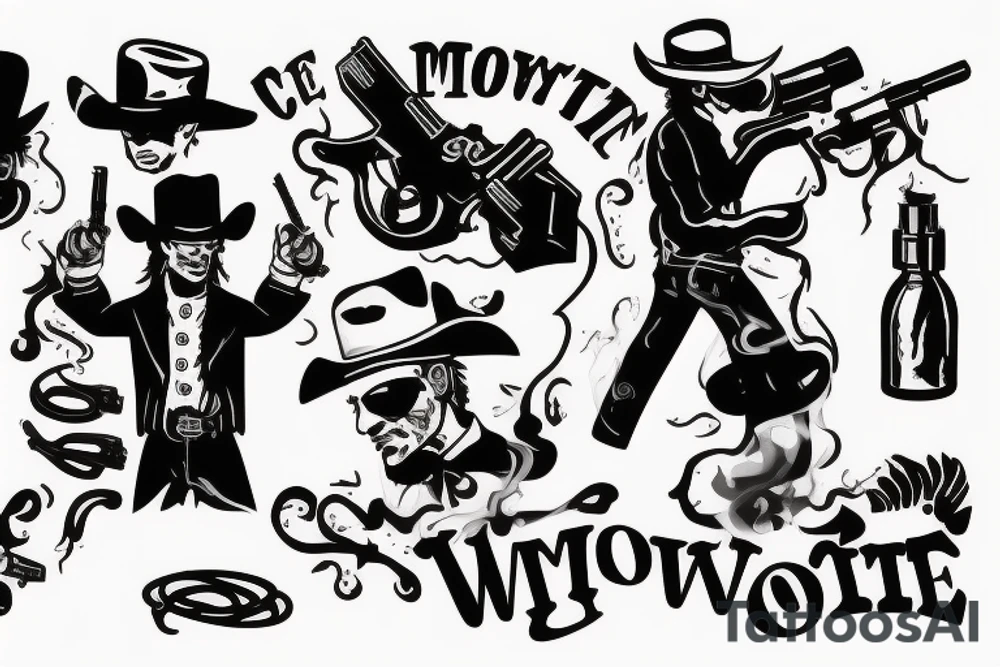 cowboy exiting saloon with gun in his hand. smoke coming out of the gun tattoo idea
