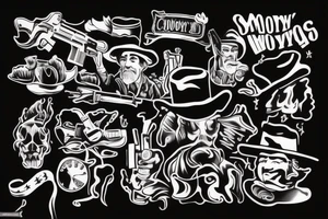 cowboy exiting saloon with gun in his hand. smoke coming out of the gun tattoo idea