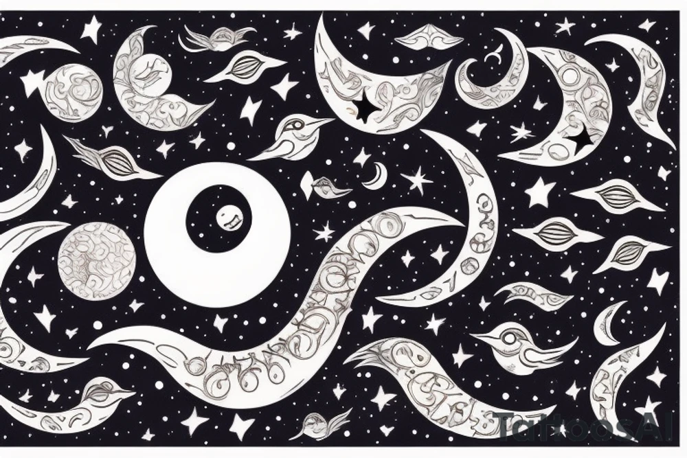 crescent moon and universe, powerful, bird tattoo idea