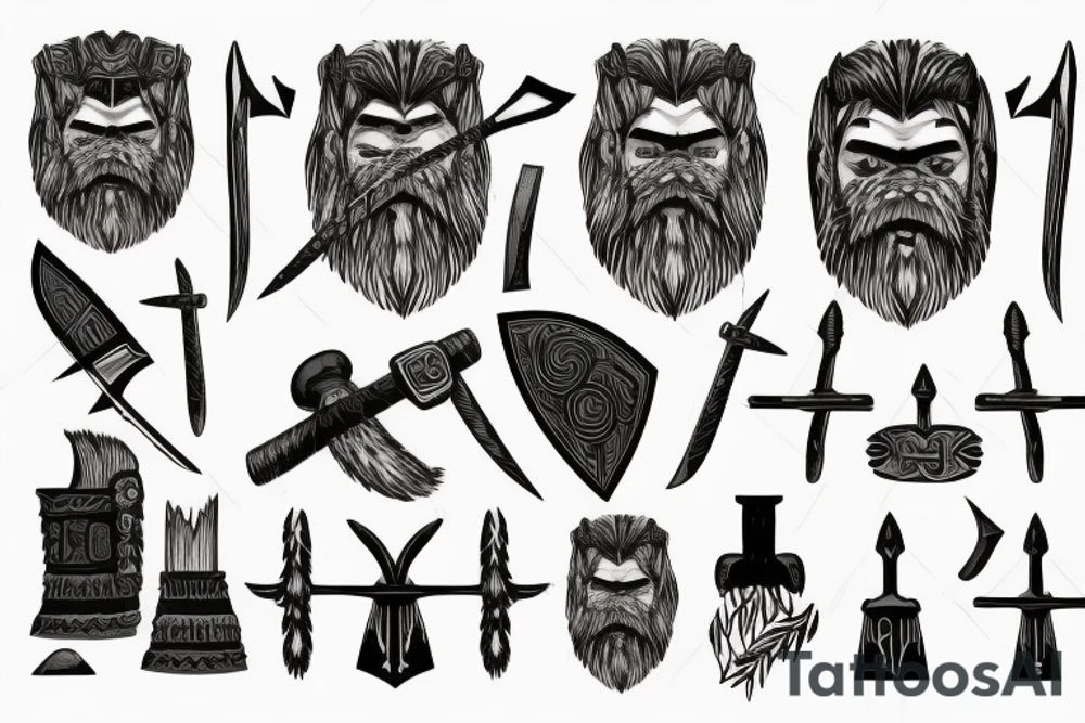 The house from which the berserker comes out with axes, he has a thick beard, Scandinavian hieroglyphs are carved on the grass tattoo idea