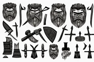 The house from which the berserker comes out with axes, he has a thick beard, Scandinavian hieroglyphs are carved on the grass tattoo idea