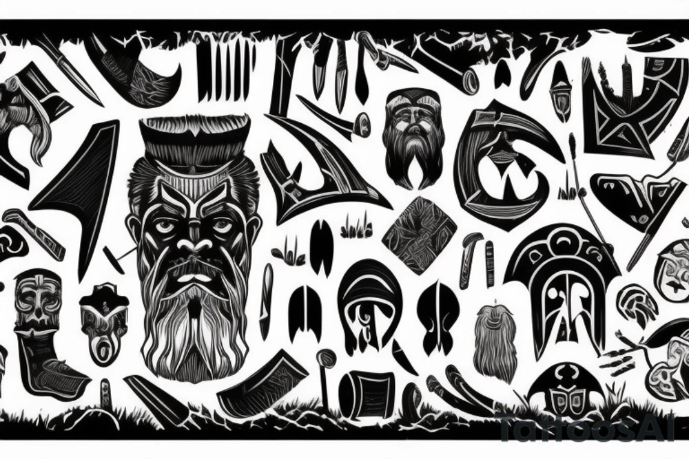 The house from which the berserker comes out with axes, he has a thick beard, Scandinavian hieroglyphs are carved on the grass tattoo idea