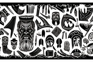 The house from which the berserker comes out with axes, he has a thick beard, Scandinavian hieroglyphs are carved on the grass tattoo idea
