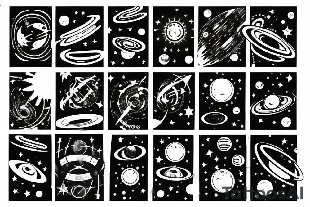 Arm sleeve Solar system with light rays and a black hole in the middle tattoo idea