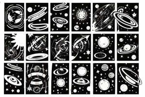 Arm sleeve Solar system with light rays and a black hole in the middle tattoo idea