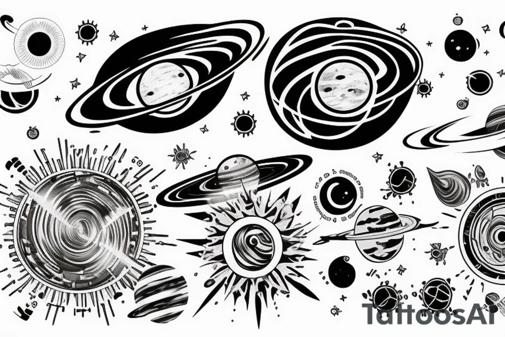 Arm sleeve Solar system with light rays and a black hole in the middle tattoo idea